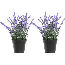 Items Lavendel bloemen kunstplant in bloempot - 2x - paarse bloemen - 15 x 27 cm - bloemstukje - Kunstplanten