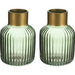 Bloemenvazen 2x stuks - luxe decoratie glas - groen/goud - 12 x 18 cm - Vazen