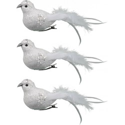 6x stuks decoratie vogels op clip glitter wit 18 cm - Kersthangers