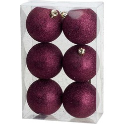 6x stuks kunststof glitter kerstballen aubergine roze 8 cm - Kerstbal