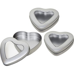 3x Zilver hart bewaarblik/opbergblik 13 cm met doorzichtig venster - Voorraadblikken