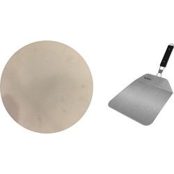 Keramische pizzasteen voor op de barbecue 33 cm met inklapbare RVS pizzaschep 25 cm - Pizzaplaten