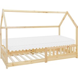 Kinderbed Huisbed 90x200 cm van grenenhout incl. matras H-10cm uitvalbeschermend dak en lattenbodem ML design