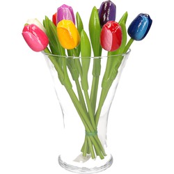 Set van bos houten tulpen boeket 34 cm in glazen vaas 25 cm - Kunstbloemen