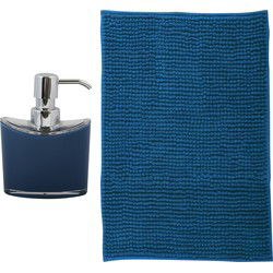 MSV badkamer droogloop mat - Bolzano - 40 x 60 cm - met bijpassend zeeppompje - donkerblauw - Badmatjes