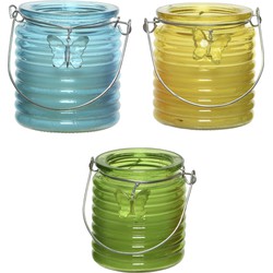 Citronella kaars - in windlicht - 3x - blauw/geel en groen - 20 branduren - citrusgeur - geurkaarsen