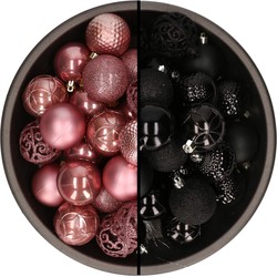 74x stuks kunststof kerstballen mix zwart en oudroze 6 cm - Kerstbal