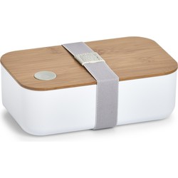 Lunchbox/broodbox 2-vaks wit/naturel bamboe 19 x 7 cm - Lunchboxen