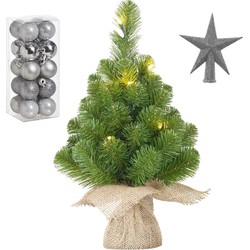 Kunst kerstboom met 10 LED lampjes 45 cm inclusief zilveren versiering 21-delig - Kunstkerstboom