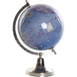 Decoratie wereldbol/globe blauw op aluminium voet 20 x 32 cm - Wereldbollen