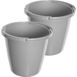 Emmer - 2x stuks - 10 liter - Kunststof - Grijs - 29 x 29 x 27 cm - Emmers