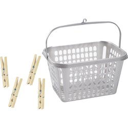 Wasknijper mandje/bakje - zilver - inclusief 40x wasknijpers - hout - knijperszakken