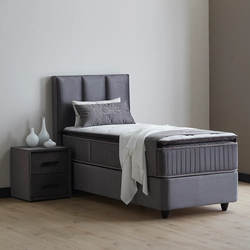Boxspring bed met opbergruimte - 90x200 cm - Grijs - Opbergbed Nora Inclusief 28 cm matras en topper HR- Koudschuim