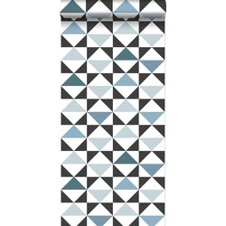ESTAhome behang grafische driehoeken wit. zwart. vintage blauw en lich