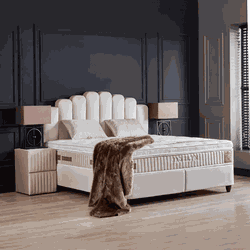 Boxspring bed met opbergruimte - 180x200 cm - Beige - Opbergbed Jazzlyn Inclusief 30 cm matras en topper HR- Koudschuim
