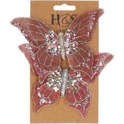 2x stuks kunststof decoratie vlinders op clip roze 10 x 15 cm - Kunstbloemen