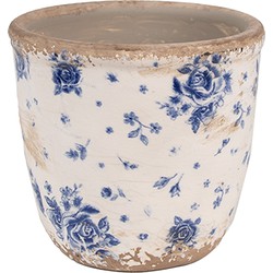 Clayre & Eef Bloempot  Ø 11x10 cm Beige Blauw Keramiek Roosjes Bloempot Binnen