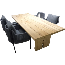 Tuinset Zen tafel teak 240x100 cm met 4 stoelen Umi stoel kussen black, rope dark grey - grey, rope green