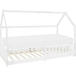 Kinderbed huisbed 90x200 cm wit gemaakt van dennenhout incl. matras H-10cm uitvalbeschermend dak en lattenbodem ML-Design