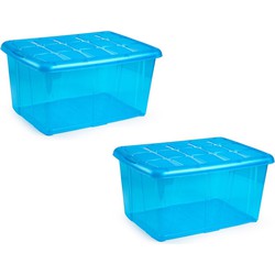 2x Opslagbakken/organizers met deksel 60 liter 63 x 46 x 32 transparant blauw - Opbergbox
