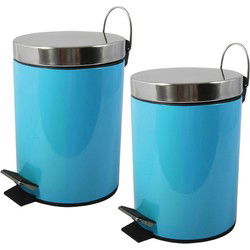 MSV Prullenbak/pedaalemmer - 2x - metaal - turquoise blauw - 5L - 20 x 28 cm - Badkamer/toiletA - Pedaalemmers