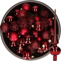 37x stuks kunststof kerstballen 6 cm incl. glazen piek glans donkerrood - Kerstbal