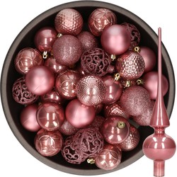 37x stuks kunststof kerstballen 6 cm incl. glazen piek glans oudroze - Kerstbal