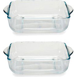 Pasabahce Ovenschaal van borosilicaat glas - 2x - vierkant - 2 Liter - 25,5 x 22 x 6 cm - Ovenschalen