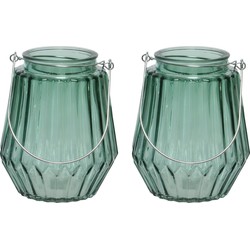 2x stuks theelichthouders/waxinelichthouders streepjes glas zeegroen met metalen handvat 11 x 13 cm - Waxinelichtjeshouders