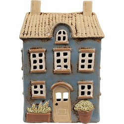 Clayre & Eef Waxinelichthouder Huis 16x10x23 cm Blauw Beige Keramiek Theelichthouder