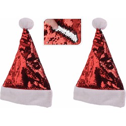 2x stuks wrijf pailletten kerstmutsen rood met zilver - Kerstmutsen