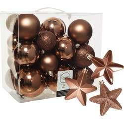 Pakket 32x stuks kunststof kerstballen en sterren ornamenten walnoot bruin - Kerstbal