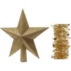 Kerstversiering kunststof glitter ster piek 19 cm en sterren folieslingers pakket goud van 3x stuks - kerstboompieken