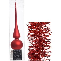 Kerstversiering glazen piek mat 26 cm en golf folieslingers pakket rood van 3x stuks - kerstboompieken
