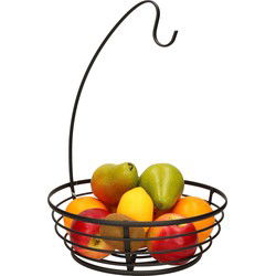 Metalen fruitmand/fruitschaal met bananenhouder zwart rond 28 x 40 cm - Fruitschalen