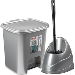 WC-/toiletborstel en houder - zilver - met kleine pedaalemmer 7.5 liter - Badkameraccessoireset