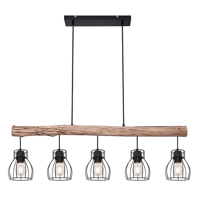 Mina Hanglamp 5 Lichts hout met zwarte draden - Landelijk Rustiek - 2 jaar garantie - 