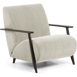 Kave Home - Fauteuil Meghan in corduroy beige met massief essenhouten poten met wengé-afwerking