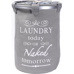 Decopatent® Ronde Wasmand met deksel - 50 L- Tekst LAUNDRY TODAY OR NAKED TOMORROW - Badkamer wasmand afsluitbaar - Waszak - Grijs