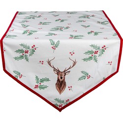 Clayre & Eef Tafelloper Kerst  50x160 cm Wit Rood Katoen Hert Hulstbladeren Tafelkleed
