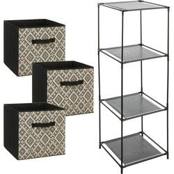 Kastmandjes/opberg mandjes - zwart/creme print - 3x stuks van 29 Liter - In rekje van 34 x 98 cm - Opbergmanden