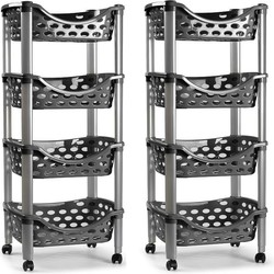 Set van 2x keukentrolley/roltafel 4 laags kunststof donkergrijs 40 x 88 cm - Opberg trolley