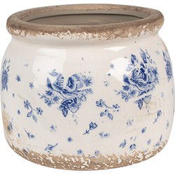 Clayre & Eef Bloempot  Ø 12x10 cm Beige Blauw Keramiek Roosjes Bloempot Binnen