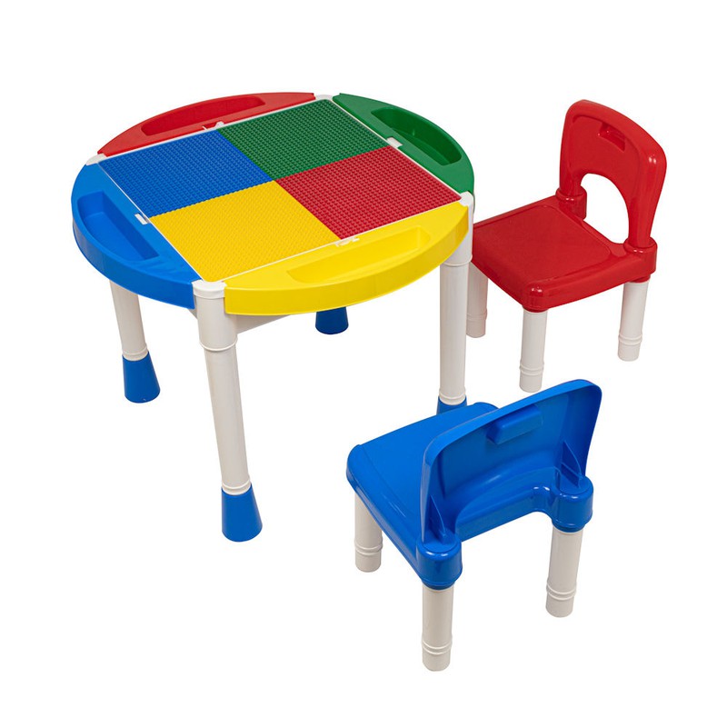 Decopatent® - Kindertafel met 2 Stoeltjes - Speeltafel met bouwplaat en vlakke kant - 4 Bakjes - Geschikt voor Lego® Bouwstenen - 