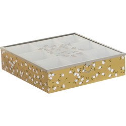 Items Theedoos/theekist Blossom - 9-vaks - MDF - 24x24x6.5 cm - geel - transparante deksel - Theedozen