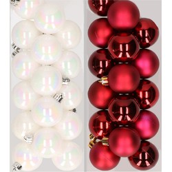 32x stuks kunststof kerstballen mix van parelmoer wit en donkerrood 4 cm - Kerstbal