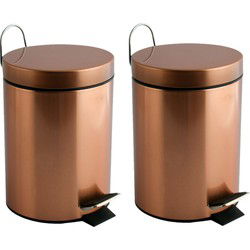 MSV Prullenbak/pedaalemmer - 2x - metaal - koper kleurig - 3 liter - 17 x 25 cm - Badkamer/toilet - Pedaalemmers