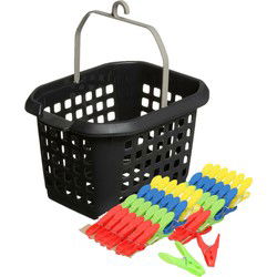 Wasknijpers ophang mandje/bakje - zwart - met 56x plastic soft grip knijpers - knijperszakken