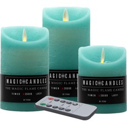 Kaarsen set van 3x stuks Led stompkaarsen turquoise blauw met afstandsbediening - LED kaarsen