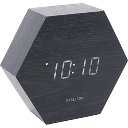 Wekker Hexagon - Zwart fineer, Wit LED - 13x11x4,5cm